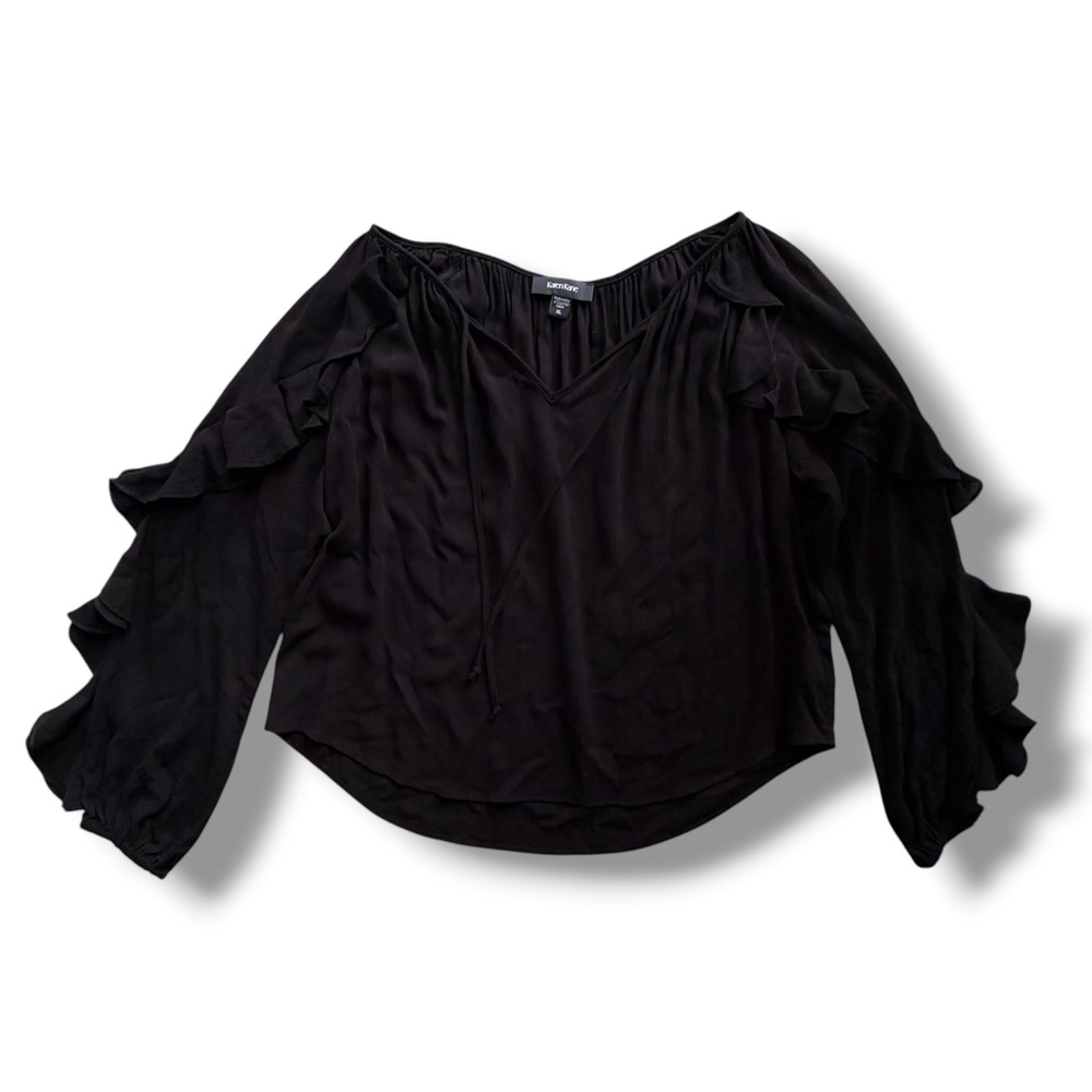 Karen Kane Womens XL Black Ruffle Long Sleeve Peasant Blouse Rayon Boho Tie Neck